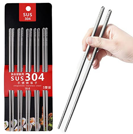 5 Paar Essstäbchen Edelstahl, Essstäbchen Metall, Chopsticks Metal, Anti-Rutsch Stäbchen Spülmaschinenfest, Wiederverwendbar Japanische Essstäbchen Ess Stäbchen, Personalized Chopsticks Geschenkset