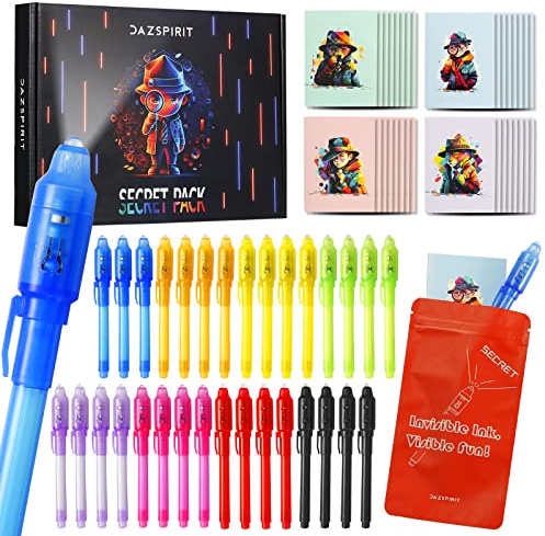 DazSpirit 32 Pieces Invisible Ink Pens and Notebooks Set - Detective Theme, UV Light Spy Pens Party Bag Fillers for Boys and Girls, Magic Secret Message for Detective Parties, Treasure Hunt
