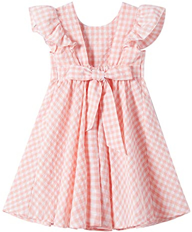 Ugitopi Baby Mädchen Flatterärmel Baumwolle-Leinen Kleid Elastische Taille Schleife Kinder Freizeitkleider (Plaid Pink,100)