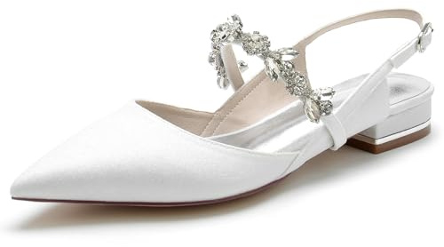 Scarpe da Sposa Slingback Donna Eleganti Basse Tacco Scarpe Sposa Comode Punta con Cinturino Caviglia Strass,Bianca,41 EU