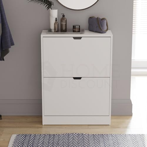 Vida Designs Shoe Cabinet, Wooden Shoe Storage Unit with 2 Flip Drawers, Multifunctional Dust-Proof Space-Saving Slim Cupboard for Hallway or Entryway, 100% FSC Certified (White)