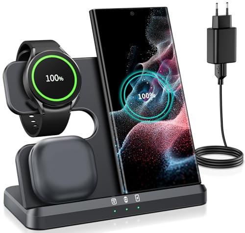 seacosmo Caricabatterie Wireless 3 in 1 per Samsung, Stazione Ricarica Wireless Rapida Charging Station, Caricatore S24/S23/S22/S21 Ultra/Z Flip/Fold 5/4, per Galaxy Watch 8/6/5 Pro & Galaxy Buds