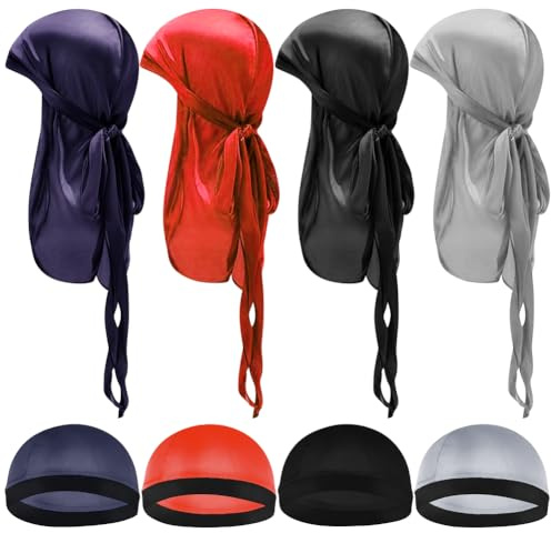 Besforta 8 piezas de seda para bebé Durags con cola larga y correas anchas para niños Satén Durag Caps Niño Sombreros para 360 Ondas, Azul marino, rojo, negro, gris, 32-38