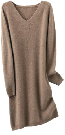 Dvbfufv Robe pull tricotée en laine mérinos pour femme, hiver, automne, col en V, robe pull épaisse longueur genou, 3, XL