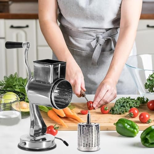 Rallador de Queso, rallador de Tambor Redondo Giratorio con 5 Cuchillas Intercambiables, usos versátiles, para Queso, Zanahorias, Patatas, Frutos Secos, pepinos y calabacines