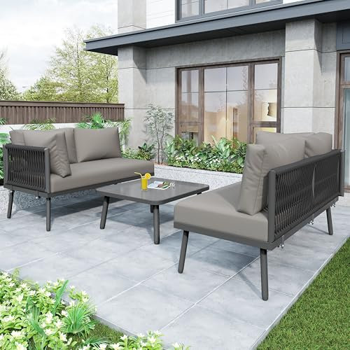 Moimhear Garten-Lounge-Set aus Eisen, L-förmiges Gartenmöbel-Set, Lounge-Set aus grünem Seil mit Sitzkissen, verstellbaren Füßen, 2 Sofas und 1 Tisch (Grau)