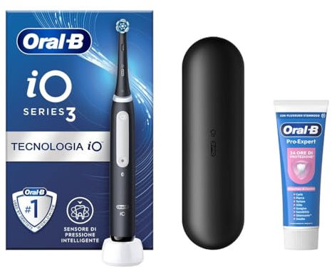 Oral-B Spazzolino Elettrico Ricaricabile iO 3 Nero, 1 Spazzolino Elettrico, 1 Testina Di Ricambio, Custodia Da Viaggio + Dentifricio Oral-B Pro-Expert Sensibilità, Pulizia Denti Efficace