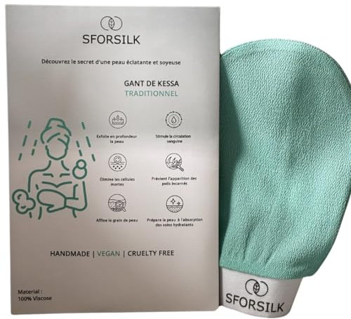 Gant Exfoliant Corps, Exfoliant en Viscose, Vegan et Fait Main, Vert Menthe, Gommage Peau Naturel, Gant de Crin, Kessa Hammam et Spa