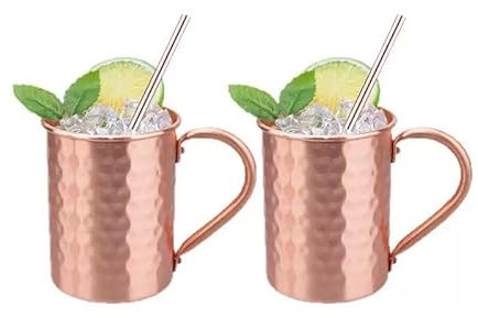 Genérico Tazas de Cobre Puro con Acabado Martillado, Set de 2, 10 cm Alto x 8 cm Ancho, con Mango Soldado y Pajita, para Cócteles