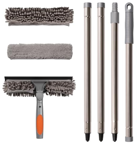Terafeels 170 cm Limpia Cristales Ventanas 2 en 1 con Mango Extensible, Limpia Cristales Limpiador de Ventanas con Escobilla de Silicona & Paños de Microfibra (Gris)