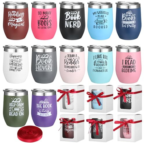 Sieral 12 Pcs Book Club Gift for Book Lovers Reading Cups Bulk 12 oz Double Wall Vacuum Insulated Literature Bookish Librarian Tumbler Mugs with Lid Red Ribbon Translucent Box