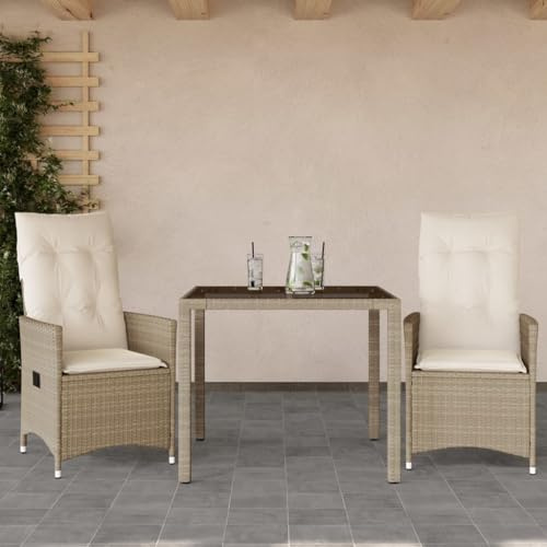Ensemble bistro 3 pièces avec coussins, beige - Mobilier de jardin en polyrotin - Fauteuil relax et table pour balcon, terrasse, cour