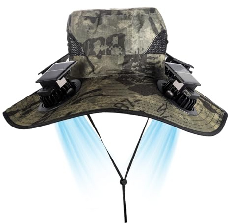 Cappello con Ventole a Energia Solare,4 Ventole, Tesa Ampia, Protezione Solare - Cappello da Pescatore per Esterni,per Campeggio Estivo Giardinaggio Trekking Viaggi Spiaggia Sport Golf