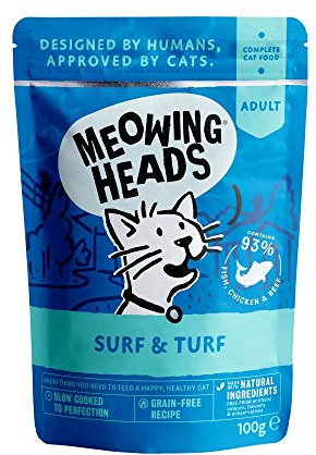 Meowing Heads Wet Cat Food - Surf & Turf - 93% Natural Fish, Chicken & Beef Pouches with No Artificial Flavours, Grain-Free Recipe (10 x 100 g)