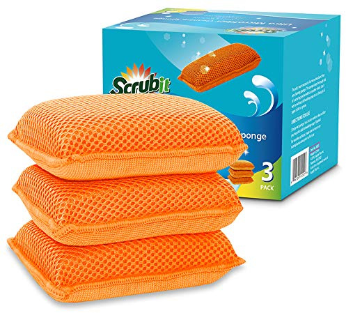 Miracle Microfiber Kitchen Sponge by Scrub-It - Non-Scratch Heavy Duty Dishwashing Cleaning sponges- Machine Washable- (Orange)