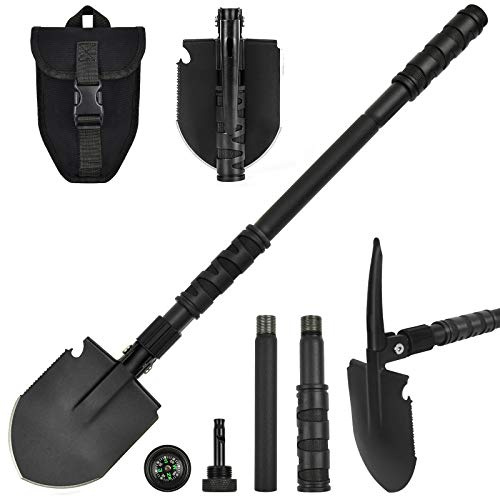 Yeacool Camping Shovel, (24.21'') Survival Off Road E Tool Folding Shovel with Pickaxe, Portable Bag, High Carbon Steel, for Digging, Backpacking, Hiking, Gardening, Emergency, Outdoor
