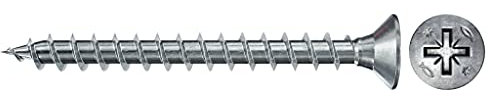 fischer 670088 FPF Power-Fast II 3.5 x 25mm Chipboard Wood Screws, Countersunk Head with Phillips, Fully Threaded, Galvanised Blue Passivated, Box of 200