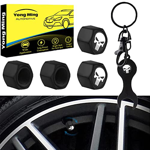 Bouchon Valve Pneu Voiture, Crâne Capuchon de Valve Auto avec clé à molette,Bouchon de Valve pour SUV,Camion,Velo Moto,Paquet de 4