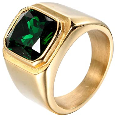 HIJONES Anillo de Piedra para Hombre de Acero Inoxidable Chapado en Oro con Circonita Cuadrada Grande Verde Tamaño 22