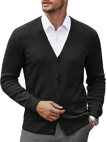 COOFANDY Men's V Neck Cardigan Sweater Casual Lightweight Button Down Knitted Cardigan Sweater with Ribbing Edge Black