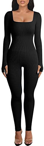 OEAK Damen Sport Jumpsuit Lang Eng Yoga Bodysuit Overall Stretch Langarm Bodycon Strampler Sportanzug Einteiler Hosenanzug Trainingsanzug,Schwarz,L