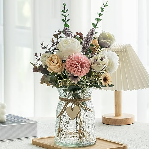 Aubcee Fake Flowers with Vase, Faux Peony Silk Flowers for Home Decor,Fake Flowers with Vase for Coffee Table Decor,Living Room Bathroom Plant Decor, Centerpiece Table Decorations