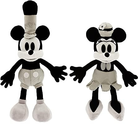 Disney100 Official Mickey & Minnie Mouse Steamboat Willie Plush Set - Classic Vintage Design - 10.25-Inch Collectible Toys for Fans & Kids