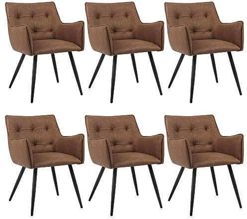 WOLTU Esszimmerstühle 6er-Set, Sessel, Küchenstuhl, Polsterstuhl, Stuhl mit Armlehnen Rückenlehne, Wohnzimmerstuhl mit Kunstlederbezug, Metallbeine, für Esszimmer Küche, Braun, BH375br-6