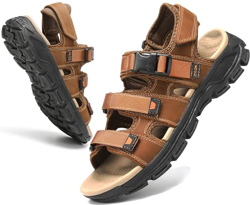 ZYLDK Sandalias Trekking Hombres Deportivas Verano Exterior Senderismo Zapatos con Punta Abierta Cuero Sandalias de Playa