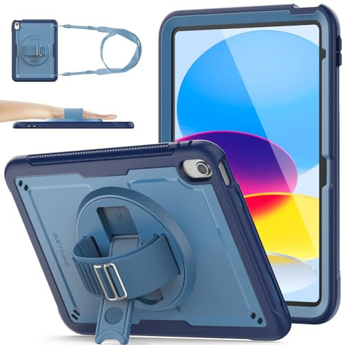 SEYMAC stock Case for iPad (A16) 11th/10th Generation 2025/2022 (11/10.9 Inch), Frosting-Anti-Slip Shockproof Case with Screen Protector, 360° Rotating Hand Strap/Stand, Pencil Holder, Dark Blue