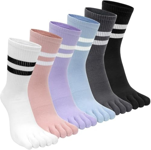 Kevaler Womens Toe Socks Tennis Socks Cotton Retro Striped Socks Five Finger Crew Socks Running Socks Classic for Daily Life, Fitness, Yoga, Sports, Workout, UK 4-8, 6 Pairs