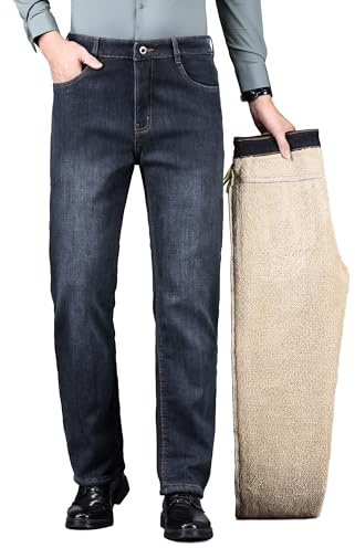 ziilay Förtjockade lammskinn, termojeans, män, termobyxor, snöbyxor, teddyfleece, fodrade vinterbyxor, stretch, Grafit blå, 29W / 30L