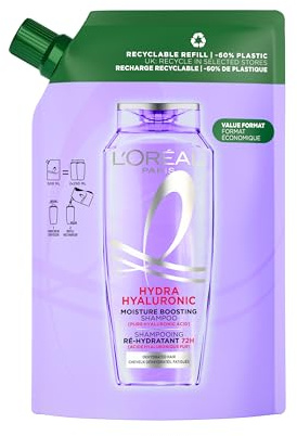 L’Oréal Paris Elvive Hydra Hyaluronic Moisture Boosting Shampoo Refill Pouch, with Hyaluronic Acid, for Dry & Dehydrated Hair, Suitable for all hair textures, -60% plastic, Value format, 500ml