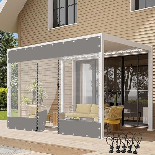 Wasserdichte graue PVC-Kunststoffplane, für den Außenbereich, transparente Pavillon-Seitenteile mit Reißverschlusstür, 0,6 mm dick, ideal für Pergola, Terrasse, Größe 1,5 x 2 m