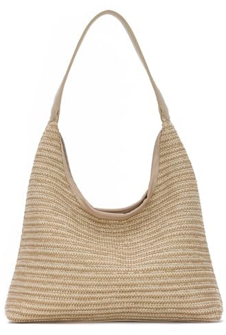 7VSTOHS Stroh Strandtasche für Frauen, Damen Strohtasche Schultertasche mit Ledergriffe, Sommer Strandtasche Damen für Strand Pool Beruf Reisen Urlaub