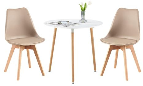LafeuR Essgruppen Esstisch mit 2 Stühlen, 80cm Rund Esszimmertisch und 2 Skandinavischen Esszimmerstühle Esszimmergruppe für Wohnzimmer Büro Küche(Weiß Tisch+2 Khaki Stühle)
