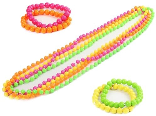 Ginddy Accessori per Feste Neon Anni '80,Set di Collana e Braccialetti Retrò con Perline di Plastica 4 Collane Fluorescenti + 4 Bracciali Costumi da Rave Festival del Pride e Articoli