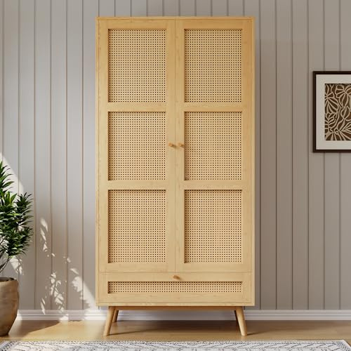 boorbin Armario Moderno de 2 Puertas con Barra, Aspecto de Malla de ratán, Tapa Inferior abatible, Tablero de partículas + ratán PE, Estilo Natural para Dormitorio y salón