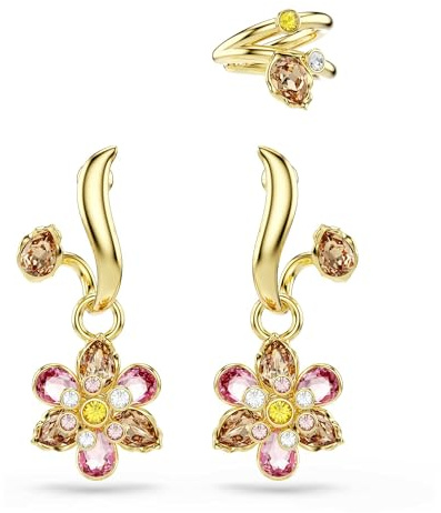 Swarovski Boucles d'oreilles de la collection Idyllia, parure de 3 bijoux, design avec fleur, cristaux Zirconia de tailles variées, couleurs rose, jaune, incolore, caramel, placage de ton or