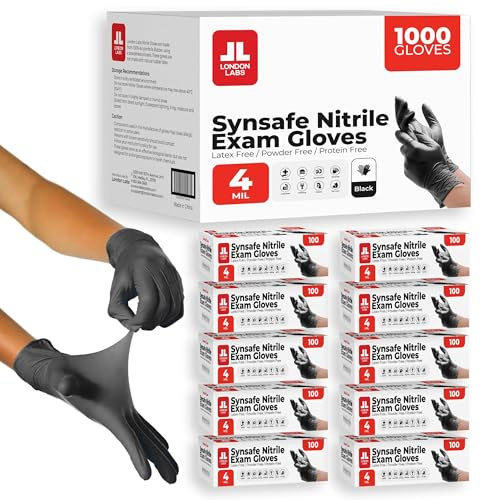London Labs Synsafe 4 Mil -Black Nitrile Exam Gloves –Disposable Latex Free & Powder Free – Extra Strong, Rubber Gloves – First Aid Kit, Medical, EMT, Cleaning, Cooking | Bulk Case of (1000 ct)
