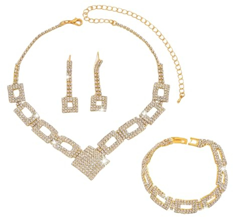 XFSRG Joyería Mujer 3 Piezas Conjunto Collar en V Pulsera y Pendientes con Strass Acabado en Plata Ideal para Bodas Noches y Looks Elegantes (Dorado)