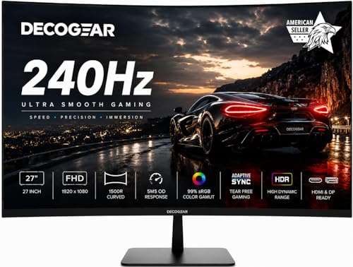 Deco Gear 27” 240Hz Curved Gaming Monitor, FHD 1080p 1500R VA Display, HDR, 99% sRGB, Adaptive Sync, 5ms OD Response, HDMI & DisplayPort, FPS/RTS Modes, PC & Console Compatible