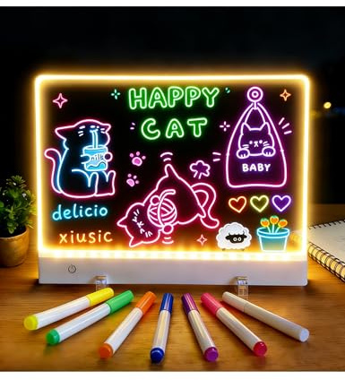 KitGody LED Zeichenbrett 17 Zoll, Wiederaufladbare Neon Acryl-Notiztafel mit 7 Lichteffekten, Wiederbeschreibbare Doodle Tafel für Zuhause Büro Café, Kreatives Geschenk für Alle Altersgruppen