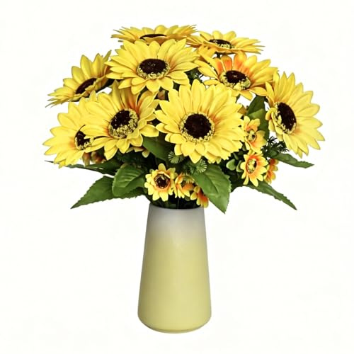 HOPEME Artificial Sunflower Table Centerpiece with 6-inch Yellow Ceramic Vase, 13 Inch Faux Sunflower Arrangement with Daisies and Eucalyptus Plants for Farmhouse Home Décor