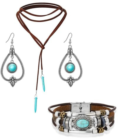 MAIKAIZAI Collier en Cuir Végétal et Turquoise | Accessoires Cowgirl pour