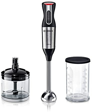 Bosch ErgoMixx Style MS6CM6120 Mixeur plongeant en acier inoxydable, pied mélangeur et verre doseur, 4 lames, design ergonomique, 12 niveaux plus turbo, 1000 W, acier inoxydable
