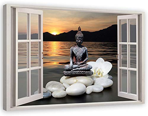 Feeby Wandbild - Wohnzimmer Modern Deko - Fensterblick Buddha - 120x80 cm XXL 1tlg - Bilder Leinwand - Bild auf Leinwand Schlafzimmer - Leinwandbilder für die Wand - Canvas Painting - Fotokunst