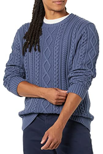 Amazon Essentials Men's Long-Sleeve 100% Cotton Fisherman Cable Crewneck Sweater, Dark Blue, XX-Large