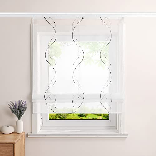 Heichkell Voile Raffrollo mit Klettband Transparent Raffgardinen Vorhang mit Stickerei Wohnzimmer Gardine Grau BxH 100x140cm