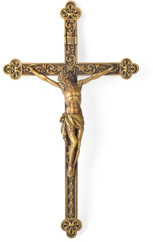 Cruz de pared con crucifijo católico BC, Jesucristo, decoración religiosa del hogar, regalo de boda católica, aspecto tallado renacentista, acabado de color dorado vintage, hecho de resina, 12
